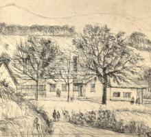 Élesdy István (1912-1987): Falu (Dunakanyar?). Rézkarc, papír, jelzés nélkül, 29×40,5 cm