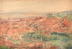 Élesdy István (1912-1987): Pécs látképe a Mecsekről nézve. Akvarell, ceruza, papír, jelzés nélkül, kis szakadással, 29,5×42,5 cm