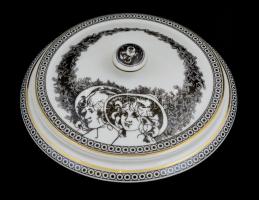 Hollóházi Jurcsák László által tervezett mintával díszített porcelán bonbonier, matricás, jelzett, hibátlan, d: 14 cm