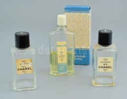 3 db retró kölnis üveg, egyik eredeti dobozában, részleges tartalommal