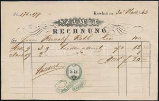 1863 Kassa, H. Grünwald Kalap, Kalpak és Úri Divat Czikkek a magyar Czímerhez fejléce számlája, német nyelven, a hátoldalon az üzlet képével, 5 kr okmánybélyeggel.