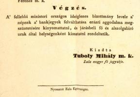 1848 Részes kiírás Zala megye részére, a bankjegyek beváltása miatti lakossági aggodalmak elcsítítás...