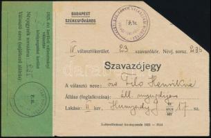 1925 Budapest Székesfőváros 1925. évi kerületi választmányi választás II. közig. kerület, IV. választókerület, 23. szavazókör szavazójegye, a sarkán kis hiánnyal.