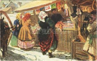 La foire / The fair. folklore art postcard s: M. Bosquine, A vásár. Folklór művészi képeslap. s: M. Bosquine