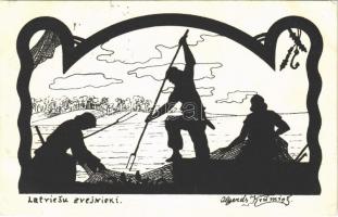 1931 Latviesu zvejnieki / Latvian folklore silhouette art postcard, fishermen s: Krumins (EK)