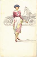 Lady with automobile. Italian art postcard. Anna & Gasparini 453-2. s: Mauzan (EK)