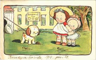 1915 Beware of the dog! Children art postcard, humour. Alfred Schweizer Fine Art Publisher. artist signed, 1915 Vigyázz kutya! Gyerek humoros képeslap. Alfred Schweizer Fine art Publisher. s.