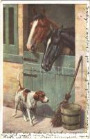 1919 Lovak kutyával. M. Munk Nr. 1165., 1919 Horses and dog. M. Munk Nr. 1165.