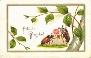 Kellemes Pünkösdöt! 2464. litho, Fröhliche Pfingsten! / Pentecost greeting card with bugs and rose. 2464. litho
