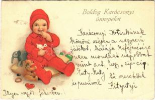 1922 Christmas greeting card, child with toys. Meissner & Buch Künstler-Postkarten Serie 2649. litho s: F. B., 1922 Boldog Karácsonyi Ünnepeket! Meissner & Buch Künstler-Postkarten Serie 2649. litho s: F. B.