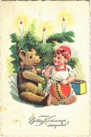 1932 Boldog Karácsonyi Ünnepeket! / Christmas greeting card, child with teddy bear (fl)