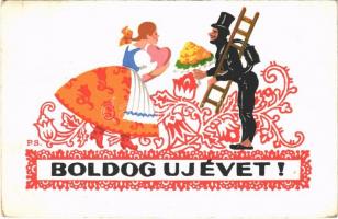 1933 Boldog Újévet! R. J. E. / Hungarian New Year greeting art postcard with chimney sweeper s: P. S. (EK)