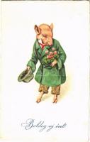 Boldog Újévet! Amag No. 1629., New Year greeting card with pig gentleman. Amag No. 1629.