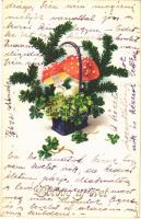 New Year greeting card with mushroom and clover. EAS 5554., Boldog Újévet! EAS 5554.