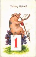 1933 Boldog Újévet! / New Year greeting card with pig smoking (EK)