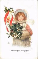 Glückliches Neujahr! / New Year greeting art postcard with the flag of Austria-Hungary. B.K.W.I. 3167-2. (fl)