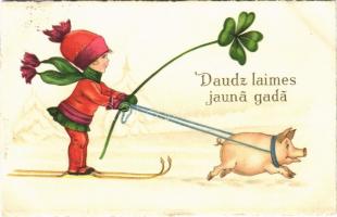 1929 Daudz laimes jauna gada / Latvian New Year greeting art postcard, pig, ski, winter sport. ERIKA Nr. 6450. (fl)