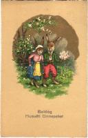 1914 Easter greeting card with rabbits. litho, 1914 Boldog Húsvéti Ünnepeket! litho