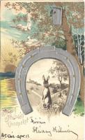 1905 Boldog Húsvéti Ünnepeket! / Easter greeting art postcard, horseshoe, rabbit. Emb. litho (vágott / cut)