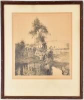 Dudás Jenő (1902-1991): Lovak ("Nyírfák"). Rézkarc, papír, jelzett, üvegezett keretben, 31...