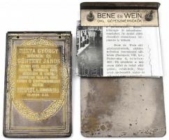cca 1900-1920 Vegyes fém, reklámos notesztartók, 2 db: Bene és Wein okl. gépészmérnökök, és Kikta György mérnök és Göntert János Központi fűtés, szellőztetés, vízvezeték, csatornázás, fürdő-egészségügyi és légszesz berendezések vállalatának készítése, az egyik hiányos, 16x10 cm és 14x8 cm