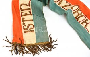 cca 1930 Isten Útján fel az örök égig. Feliratos hímzett selyem szalag. 220 cm