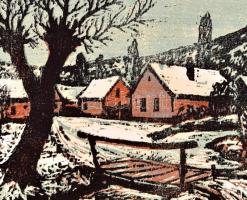 Réti Mátyás (1922-2002): Híd. Színes linómetszet, karton, jelzett, 25×32 cm