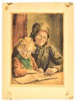 Edvi Illés Aladárné (1877-1963): Meseolvasás. Színezett rézkarc, papír, jelzett, lap sarkaiban foltos, 39×29 cm