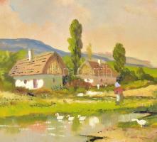 Jelzés nélkül: Libapásztorlány. Olaj, karton, 30x39,5 mm