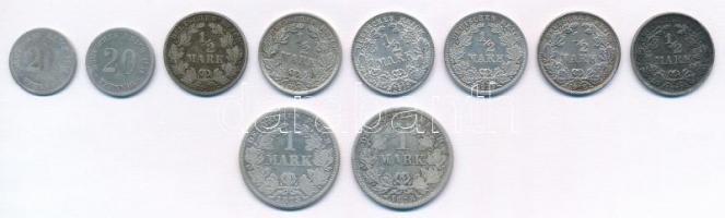 Német Birodalom 1874-1918. 20pf-1M Ag (10xklf) T:2-3 German Empire 1874-1918. 20 Pfennig - 1 Mark Ag (10xdiff) C:XF-F