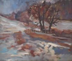 Kling György (1912-1991): Tél. Olaj, vászon, jelzett, sérült. Sérült fa keretben. 60×70 cm