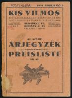 1937 Kis Vilmos asztaloskellékek vasáruraktárának 42. számú árjegyzéke, magyar és német nyelven, levált borítóval.