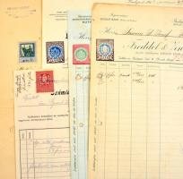 70 db régi számla okmány-és illetékbélyegekkel, sok díszes
