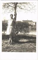 Woman with tree, modern photo postcard