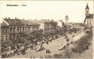 1918 Békéscsaba, Fő tér, piac, üzletek, motor, városi vasút, kisvasút. Vasúti Levelezőlapárusítás 8351.