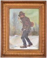 Wollmann K jelzéssel: Pipázó hegedűs. Olaj, karton. Díszes fa keretben, 41×29 cm