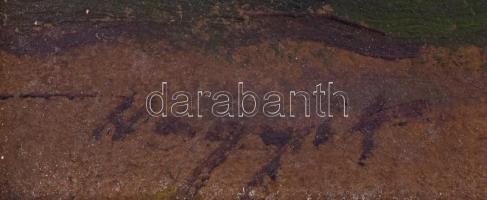 Olvashatatlan jelzéssel: Tanya gémeskúttal. Olaj, karton. Kissé sérült fa keretben. 26,5×32 cm