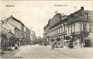 1913 Miskolc, Széchenyi utca, Reinitz Herman ruha üzlete, Reiner Dávid bútorháza, kerékpár. Grünwald Ignác kiadása