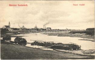 1909 Szolnok, Tiszai részlet, templomok, zsinagóga, uszályok, úsztatott fa