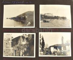 1928-1930 Fotóalbum, kb. 150 db beragasztott fotóval, kongresszus, Lengyelország, Olaszország, Magyarország, stb., néhány kivágás nyomával, főként 9×12 cm-es fotókkal