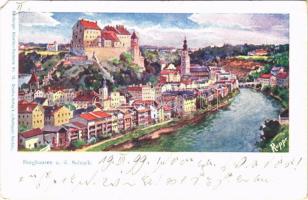 1899 Burghausen, Salzach / castle, church, river (EM)