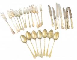 Vegyes alpakka evőeszköz tétel, 5+2 db kés, 6+6 db villa, 7 db kanál, összesen 26 db, nagyrészt jelzettek, 24 cm és 18 cm közötti méretben