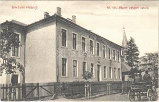 1910 Huszt, Chust, Khust; M. kir. állami polgári iskola, lovaskocsi. W. L. Bp. 1908. / school, horse-drawn carriage
