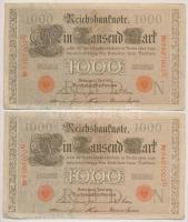 Német Birodalom 1910. 1000M piros pecsét, hétjegyű sorszámmal (2x) sorszámkövetők T:III  German Empire 1910. 1000 Mark with red seal, 7 digit serial (2x) sequential serials C:F Krause#44b