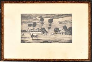Szunyoghy András (1946- ): Tanyák. Rézkarc, papír, jelzett, üvegezett keretben, 21×35 cm