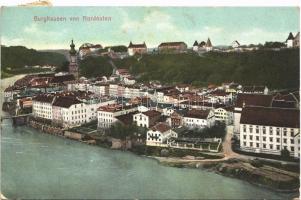 1910 Burghausen, von Nordosten / general view, church, river (worn corners)