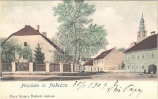 1904 Pakrác, Pakratz, Pakrac; utca, templom / street view, church + magyar posta (EK)