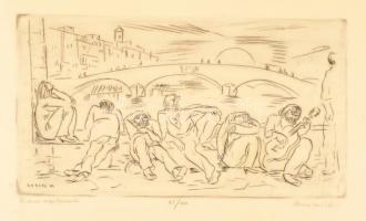 Borsos Miklós (1906-1990): Firenzei naplemente. Rézkarc, papír, jelzett, számozott (85/100), üvegezett fa keretben, 19,5×33,5 cm