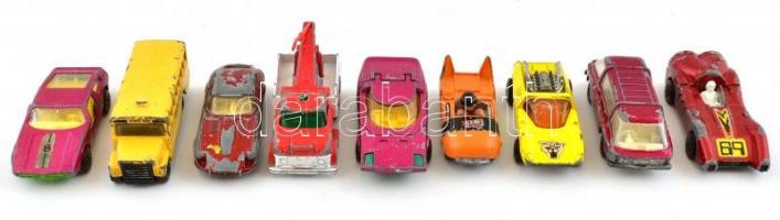 9 db régi kisautó, nagyrészt Matchbox, Dr. Oetker's Backin fém lemezdobozban, kopottak, 13x8x6 ...