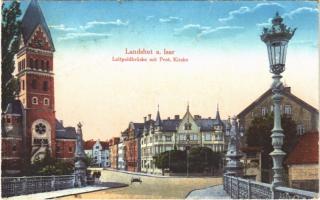 1917 Landshut am Isar, Luitpoldbrücke mit Prot. Kirche / church, litho (EK)